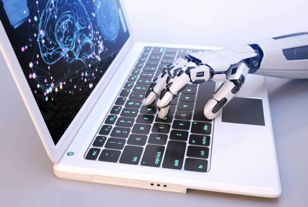 robot s hand typing on keyboard