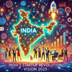 DALL·E 2025 01 20 13.22.19 A vibrant and futuristic illustration of Indias thriving startup ecosystem showing a map of India glowing with dots representing startups spread acr