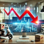 DALL·E 2025 01 22 16.27.10 A realistic image showing a stock market monitor displaying a sharp decline in Zomatos stock price with a digital red arrow pointing downward. The b