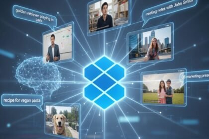 Dropbox AI search interface showing natural language query finding videos and images instantly