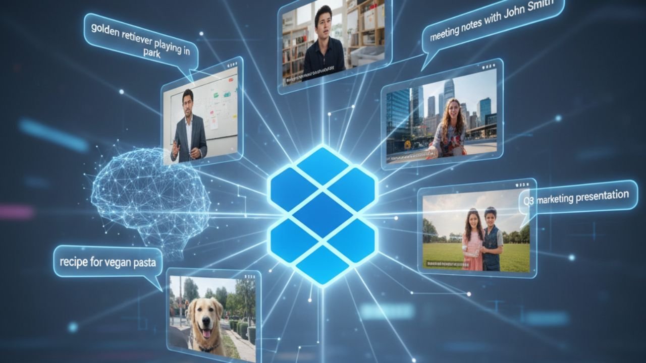Dropbox AI search interface showing natural language query finding videos and images instantly