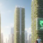 Clean Air Economy India: A futuristic image of a sparkling clean city skyline in India with visible blue skies and green spaces, symbolizing economic health and a future without smog.