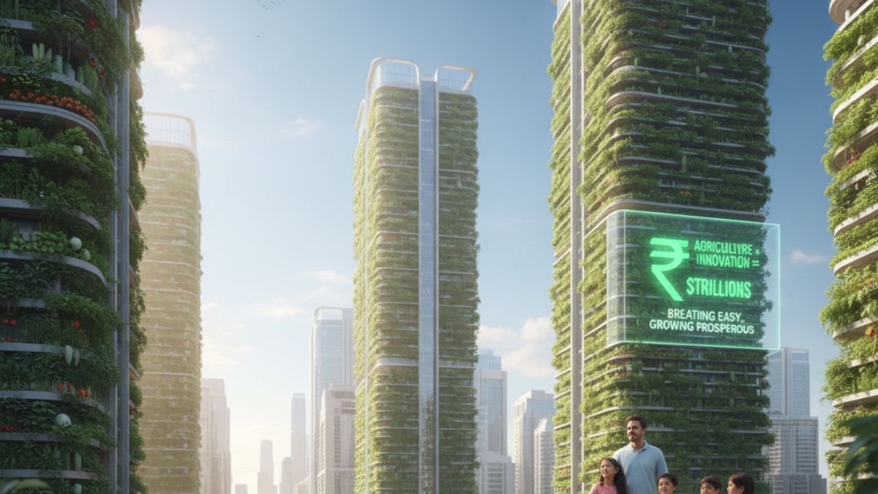 Clean Air Economy India: A futuristic image of a sparkling clean city skyline in India with visible blue skies and green spaces, symbolizing economic health and a future without smog.