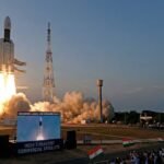 ISRO LVM3 rocket lifting off from Sriharikota with "6,100 KG" and "INDIA'S HEAVIEST SATELLITE