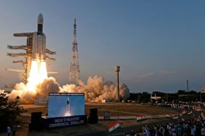 ISRO LVM3 rocket lifting off from Sriharikota with "6,100 KG" and "INDIA'S HEAVIEST SATELLITE