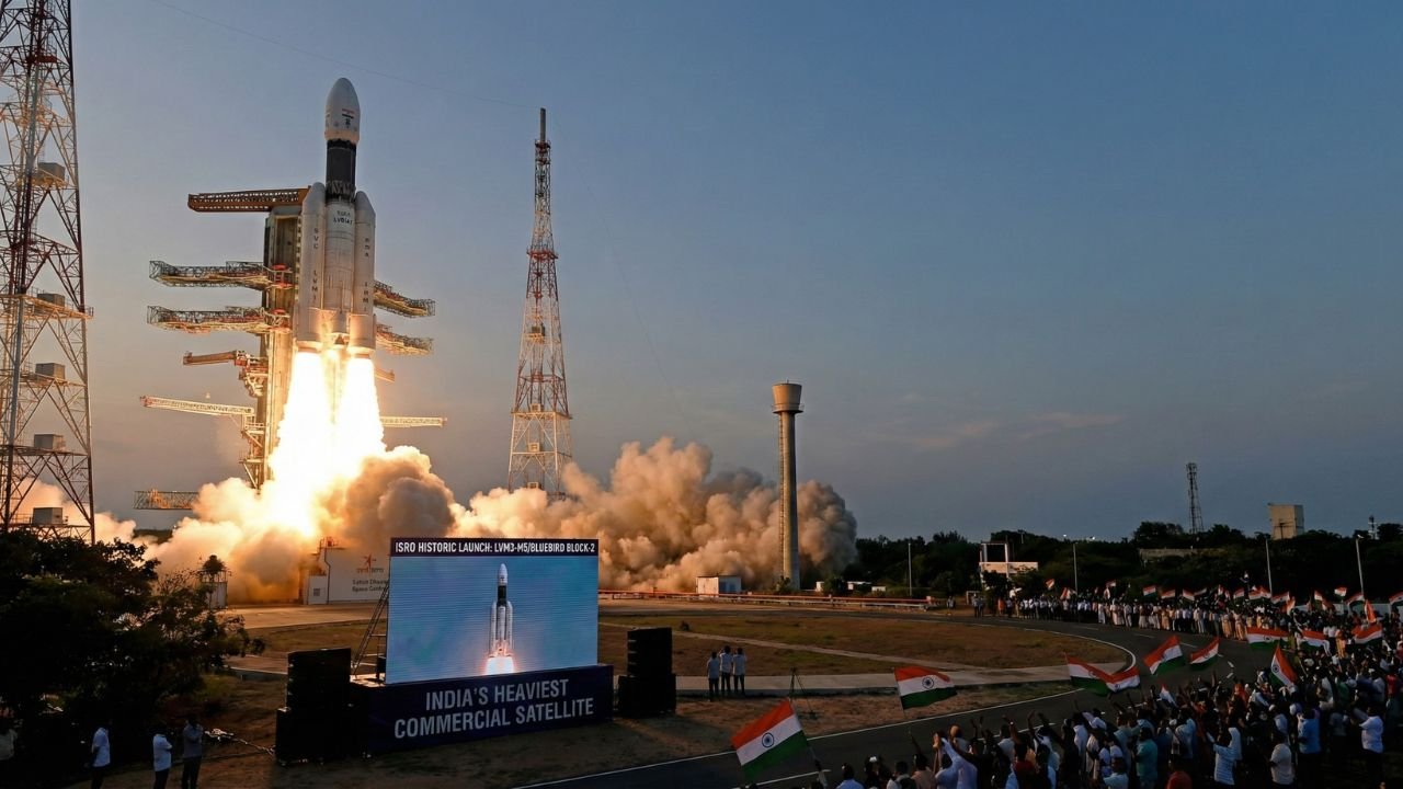 ISRO LVM3 rocket lifting off from Sriharikota with "6,100 KG" and "INDIA'S HEAVIEST SATELLITE