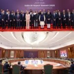 "AI Impact Summit 2026 graphic on dark blue and purple background with glowing tech nodes. Headline reads 'PM Modi on Responsible AI'. Features a Tech News badge and StartupFeed.in branding."