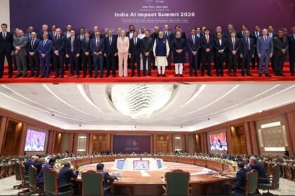 "AI Impact Summit 2026 graphic on dark blue and purple background with glowing tech nodes. Headline reads 'PM Modi on Responsible AI'. Features a Tech News badge and StartupFeed.in branding."