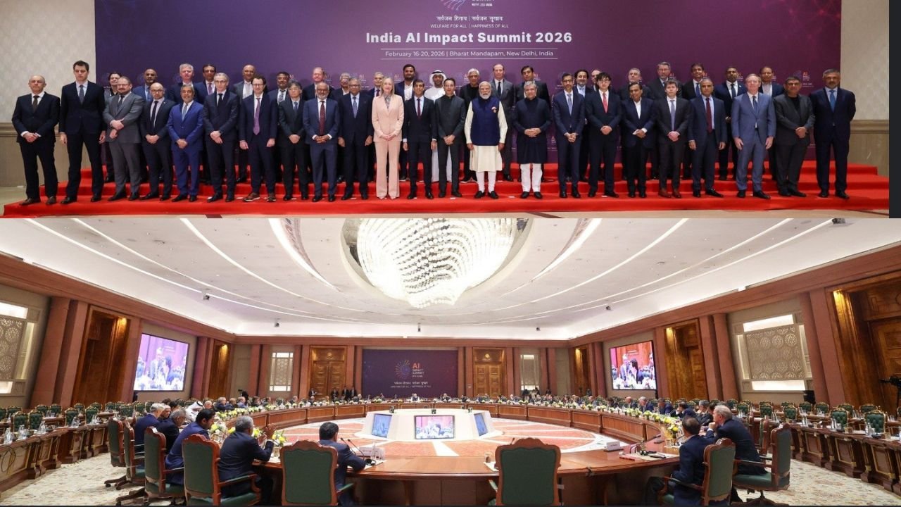 "AI Impact Summit 2026 graphic on dark blue and purple background with glowing tech nodes. Headline reads 'PM Modi on Responsible AI'. Features a Tech News badge and StartupFeed.in branding."