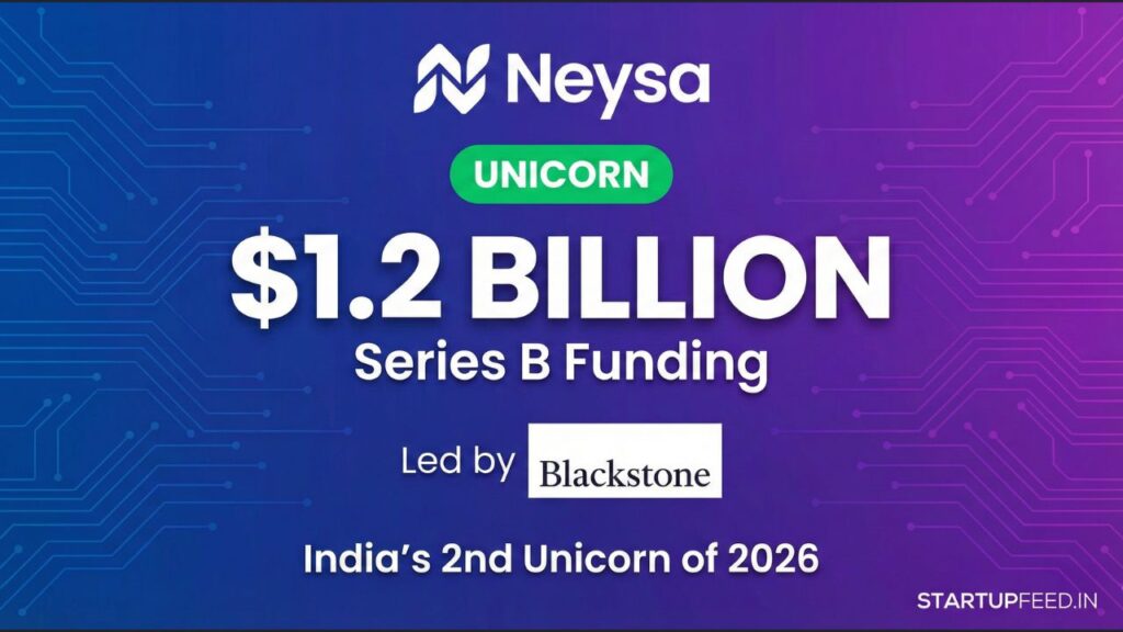 Neysa becomes India's second unicorn of 2026 after raising $1.2 billion in funding led by Blackstone for AI infrastructure. Featured image showing Neysa logo, Blackstone logo, and funding amount on a dark green and blue background by StartupFeed.in.