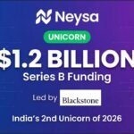 Neysa becomes India's second unicorn of 2026 after raising $1.2 billion in funding led by Blackstone for AI infrastructure. Featured image showing Neysa logo, Blackstone logo, and funding amount on a dark green and blue background by StartupFeed.in.