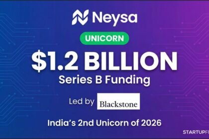 Neysa becomes India's second unicorn of 2026 after raising $1.2 billion in funding led by Blackstone for AI infrastructure. Featured image showing Neysa logo, Blackstone logo, and funding amount on a dark green and blue background by StartupFeed.in.