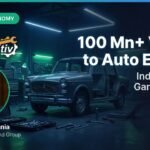 ASMR car restoration India startups YouTube creator economy 2025. A cinematic garage featuring a classic car, highlighting the Brotomotiv logo, SCCG logo, and Raymond Chairman Gautam Singhania. The graphic reads "100 Mn+ Views to Auto Empire" to illustrate the creator economy boom.