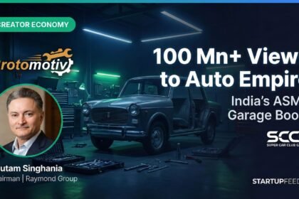 ASMR car restoration India startups YouTube creator economy 2025. A cinematic garage featuring a classic car, highlighting the Brotomotiv logo, SCCG logo, and Raymond Chairman Gautam Singhania. The graphic reads "100 Mn+ Views to Auto Empire" to illustrate the creator economy boom.