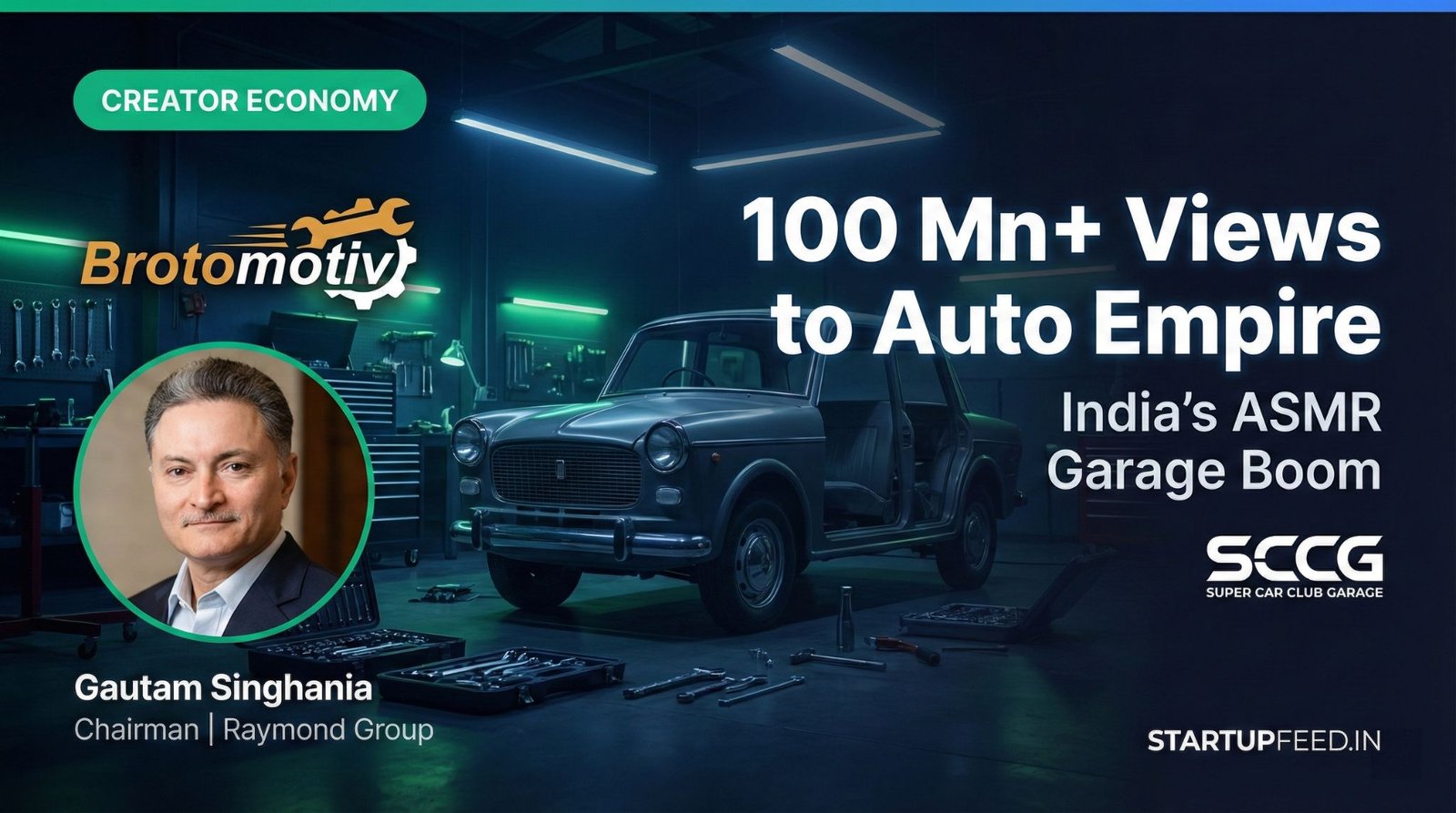 ASMR car restoration India startups YouTube creator economy 2025. A cinematic garage featuring a classic car, highlighting the Brotomotiv logo, SCCG logo, and Raymond Chairman Gautam Singhania. The graphic reads "100 Mn+ Views to Auto Empire" to illustrate the creator economy boom.
