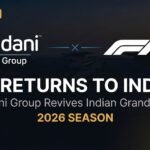 Adani Group and Formula 1 logos side-by-side over the Buddh International Circuit, with bold text announcing F1 returns to India for the 2026 season in a major sports business deal reported by StartupFeed