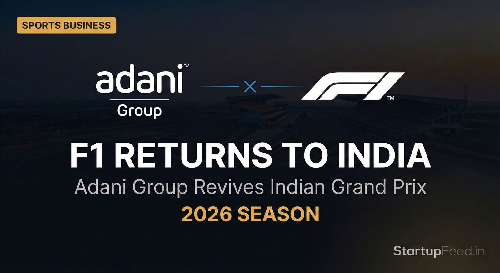Adani Group and Formula 1 logos side-by-side over the Buddh International Circuit, with bold text announcing F1 returns to India for the 2026 season in a major sports business deal reported by StartupFeed