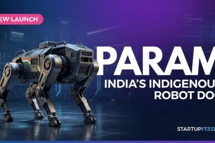 "PARAM robot dog India by General Autonomy Bengaluru 2026 — A rugged, Made-in-India quadruped robot standing on a dark tech background. The 35kg robot features a custom Agile-Locomotion stack, 8-hour battery life, and 90% indigenous content, positioned as a rival to the Unitree Go2."