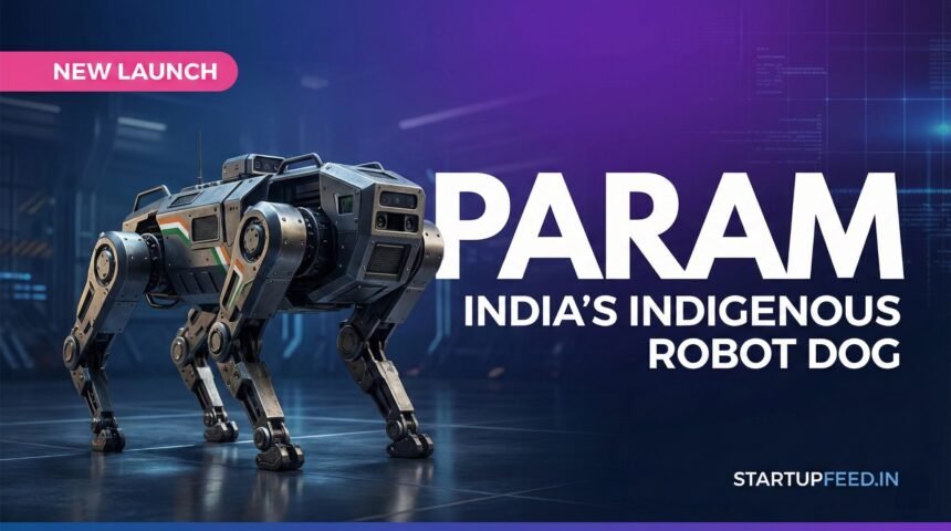 "PARAM robot dog India by General Autonomy Bengaluru 2026 — A rugged, Made-in-India quadruped robot standing on a dark tech background. The 35kg robot features a custom Agile-Locomotion stack, 8-hour battery life, and 90% indigenous content, positioned as a rival to the Unitree Go2."
