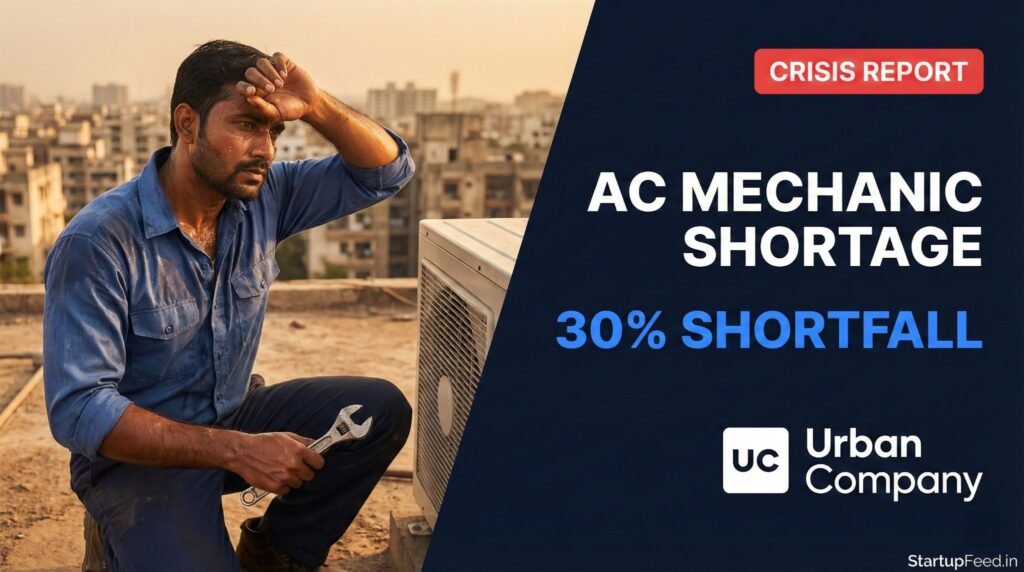 AC Mechanic Shortage India: Exhausted technician on rooftop with Urban Company report data indicating a 30% skilled labor shortfall during the 2026 heatwave crisis.