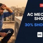 AC Mechanic Shortage India: Exhausted technician on rooftop with Urban Company report data indicating a 30% skilled labor shortfall during the 2026 heatwave crisis.