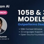 Sarvam AI launches the foundational Sarvam AI 105B model and 30B model at the India AI Impact Summit 2026. Featured image displaying CEO Pratyush Kumar, key metrics like 128K context window, 22 Indian languages support, and competitive positioning against DeepSeek R1.
