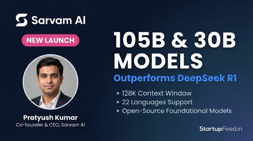Sarvam AI launches the foundational Sarvam AI 105B model and 30B model at the India AI Impact Summit 2026. Featured image displaying CEO Pratyush Kumar, key metrics like 128K context window, 22 Indian languages support, and competitive positioning against DeepSeek R1.