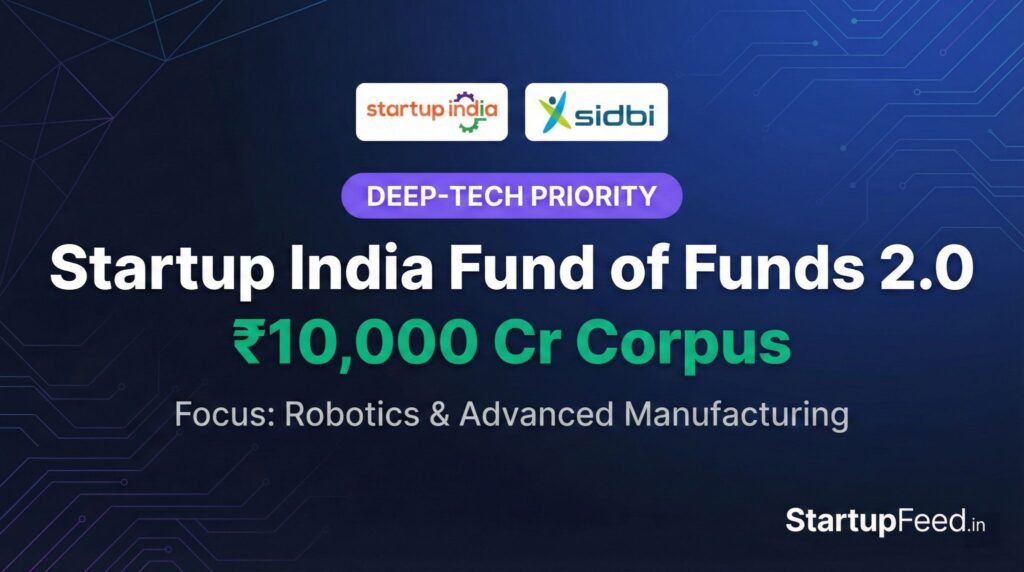 Graphic announcing the Startup India Fund of Funds 2.0 with a ₹10,000 crore corpus heavily ring-fenced for deep-tech, robotics, and advanced manufacturing startups.