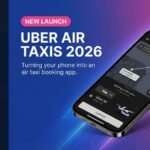 A smartphone displaying the upcoming Uber Air Taxi booking interface, alongside official logos for Uber, Joby Aviation, and Blade, announcing the 2026 eVTOL launch.
