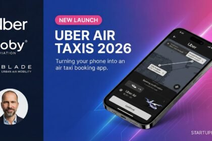 A smartphone displaying the upcoming Uber Air Taxi booking interface, alongside official logos for Uber, Joby Aviation, and Blade, announcing the 2026 eVTOL launch.