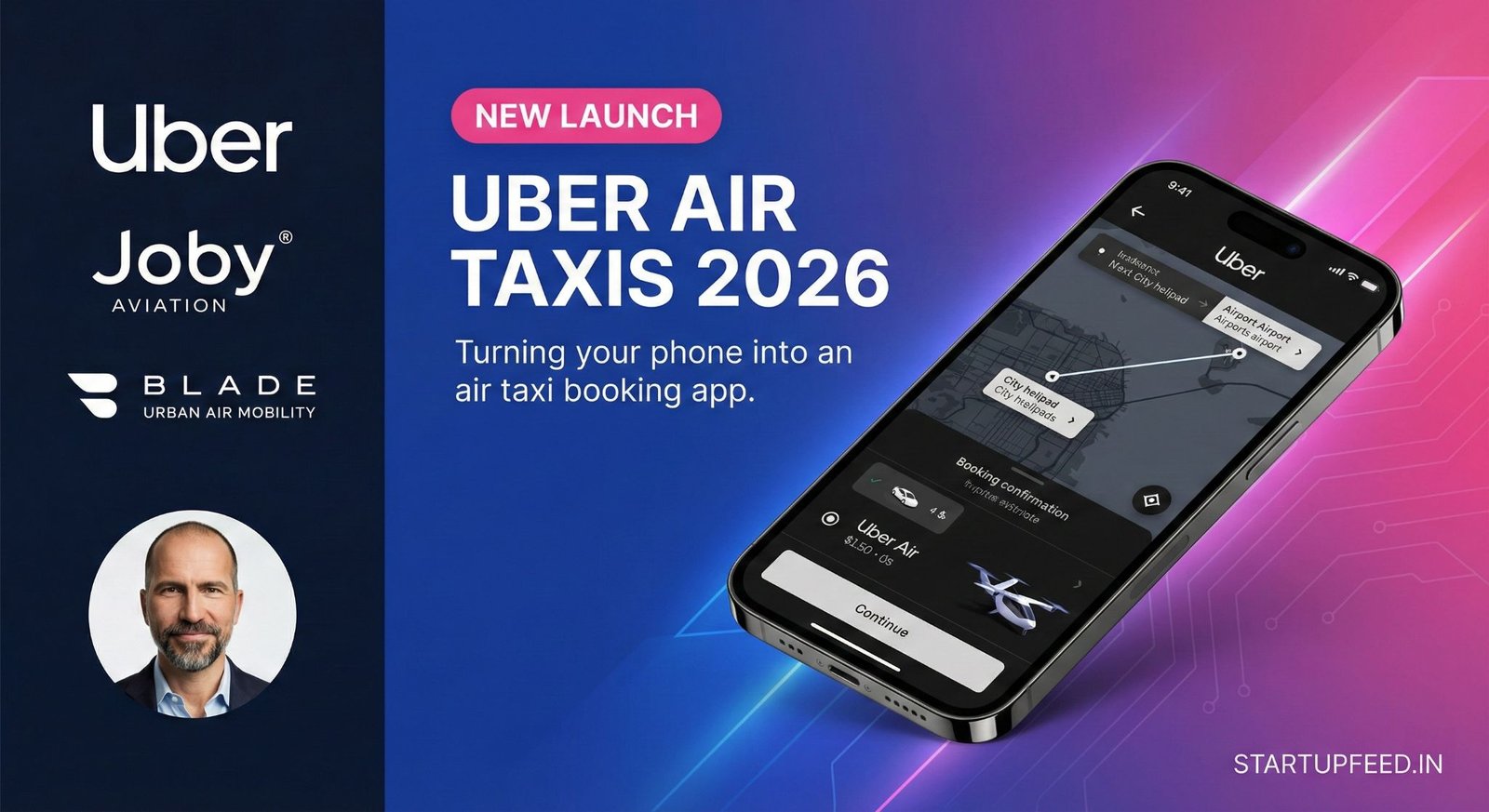 A smartphone displaying the upcoming Uber Air Taxi booking interface, alongside official logos for Uber, Joby Aviation, and Blade, announcing the 2026 eVTOL launch.