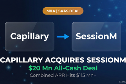 M&A graphic showing Capillary Technologies acquiring Mastercard's SessionM in a $20 million all-cash deal, pushing their combined ARR over $115 million.