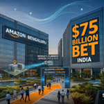 Infographic of Amazon's new 1.1 million sq ft Bengaluru campus and Hyderabad office, highlighting a $75 billion investment, 3.8 million jobs, and 15 million digitised small businesses in India by 2030