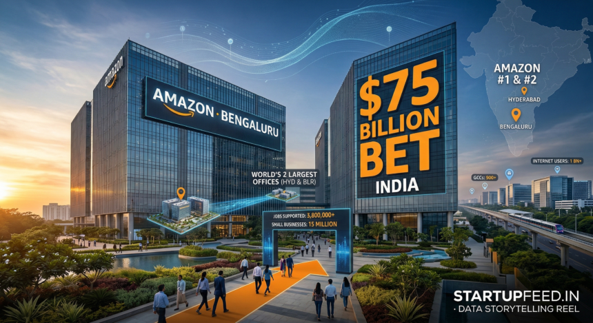 Infographic of Amazon's new 1.1 million sq ft Bengaluru campus and Hyderabad office, highlighting a $75 billion investment, 3.8 million jobs, and 15 million digitised small businesses in India by 2030