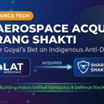 M&A graphic showing LAT Aerospace acquiring Sharang Shakti. The image highlights Deepinder Goyal's entry into indigenous defence technology and the strategic focus on anti-drone systems.