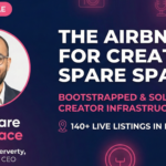 Khayat Chakerverty, founder of Spare Space, featured alongside the headline "The Airbnb for Creators: Spare Space". The graphic highlights the bootstrapped startup's mission to solve India's creator economy infrastructure gap with over 140 hourly studio rental listings across Delhi NCR.