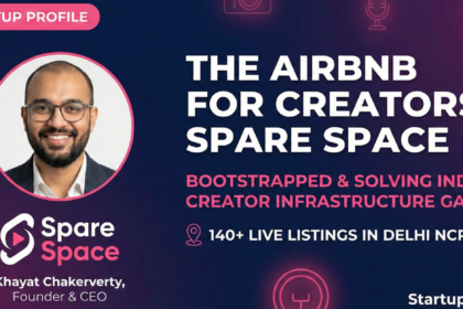Khayat Chakerverty, founder of Spare Space, featured alongside the headline "The Airbnb for Creators: Spare Space". The graphic highlights the bootstrapped startup's mission to solve India's creator economy infrastructure gap with over 140 hourly studio rental listings across Delhi NCR.