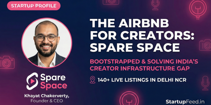 Khayat Chakerverty, founder of Spare Space, featured alongside the headline "The Airbnb for Creators: Spare Space". The graphic highlights the bootstrapped startup's mission to solve India's creator economy infrastructure gap with over 140 hourly studio rental listings across Delhi NCR.