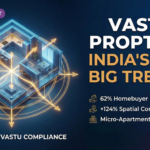 A 3D illuminated floor plan overlaid with a golden Vastu mandala and AI nodes, representing the booming Vastu AI PropTech market for micro-apartments in India, alongside key statistics like 124% spatial computing growth.