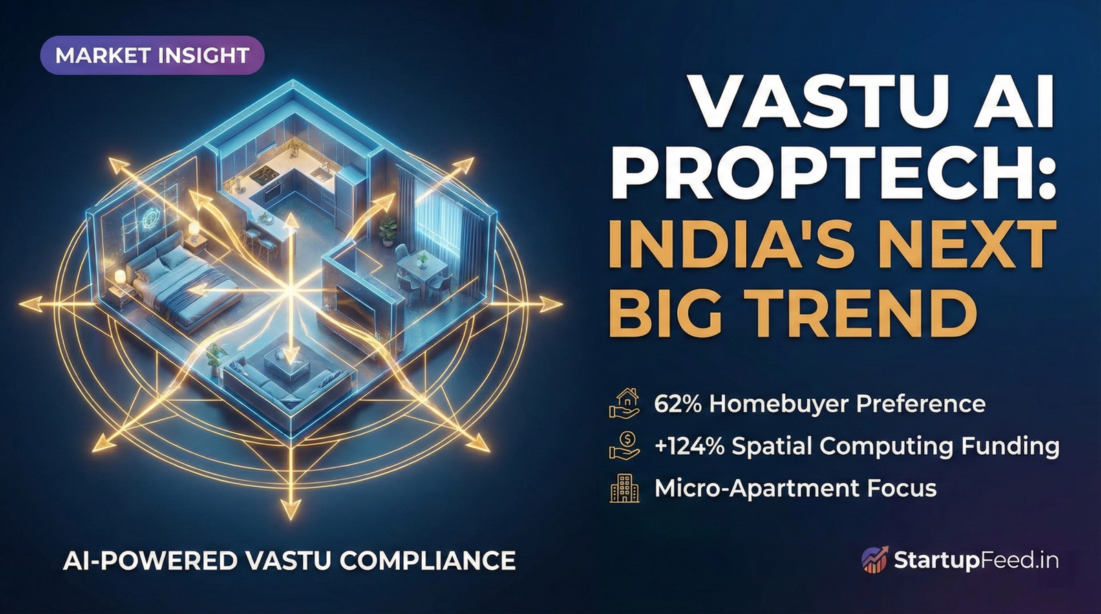 A 3D illuminated floor plan overlaid with a golden Vastu mandala and AI nodes, representing the booming Vastu AI PropTech market for micro-apartments in India, alongside key statistics like 124% spatial computing growth.