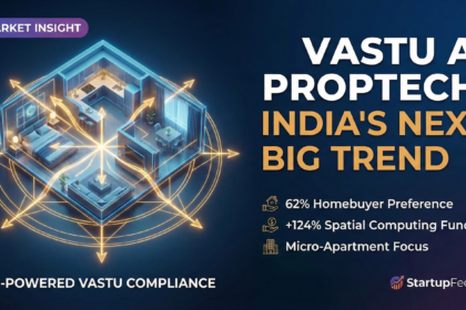 A 3D illuminated floor plan overlaid with a golden Vastu mandala and AI nodes, representing the booming Vastu AI PropTech market for micro-apartments in India, alongside key statistics like 124% spatial computing growth.