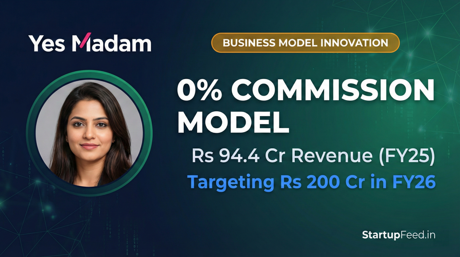 Yes Madam co-founder Akanksha Vishnoi alongside the 0% commission model announcement. The home salon startup achieved Rs 94.4 Cr revenue in FY25 and targets Rs 200 Cr in FY26.