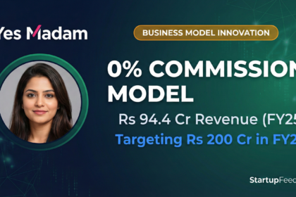 Yes Madam co-founder Akanksha Vishnoi alongside the 0% commission model announcement. The home salon startup achieved Rs 94.4 Cr revenue in FY25 and targets Rs 200 Cr in FY26.