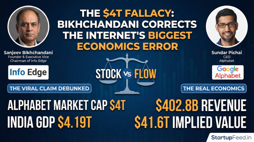 Info Edge founder Sanjeev Bikhchandani and Alphabet CEO Sundar Pichai alongside a stock versus flow comparison chart, debunking the viral economics fallacy that Google's $4 trillion market cap is bigger than India's $4.19 trillion GDP.