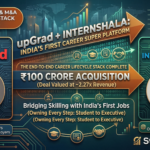 Infographic showing upGrad acquiring Internshala for ₹100 crore, featuring founders Ronnie Screwvala and Sarvesh Agrawal, with 34 million user growth metrics and career lifecycle stack data.