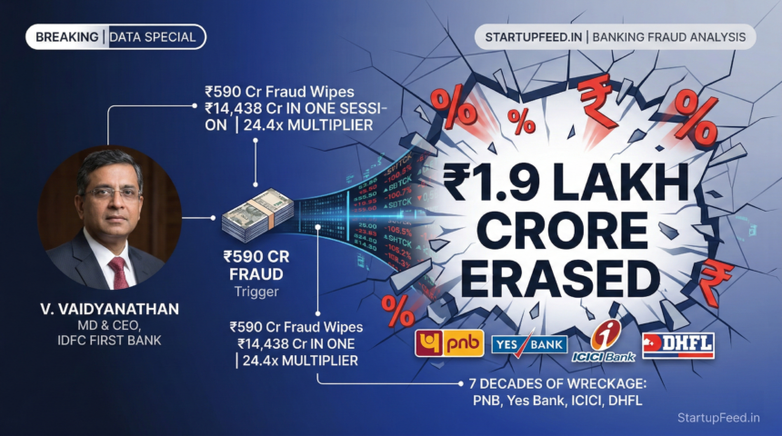 Visual graphic of India's banking frauds over 7 decades, highlighting ₹1.9 lakh crore in investor wealth destroyed by major scams like PNB, Yes Bank, and IDFC First Bank, which saw a ₹14,438 crore single-session wipeout on a 24.4x multiplier from a ₹590 crore suspected fraud.