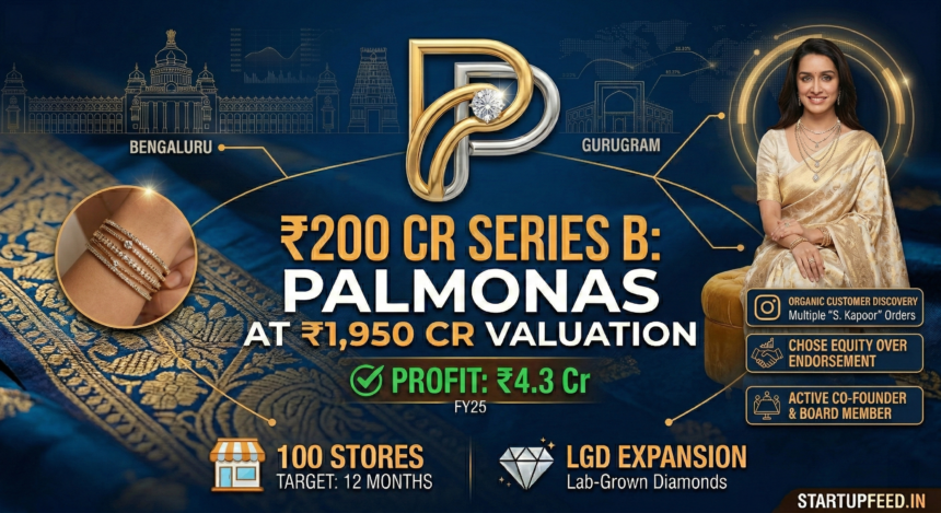 Infographic showing Palmonas co-founder Shraddha Kapoor with Series B funding details: ₹200 crore raised at ₹1,950 crore valuation. Features 40X revenue growth metrics, profitability status (₹4.3 Cr), and the 100-store expansion roadmap.