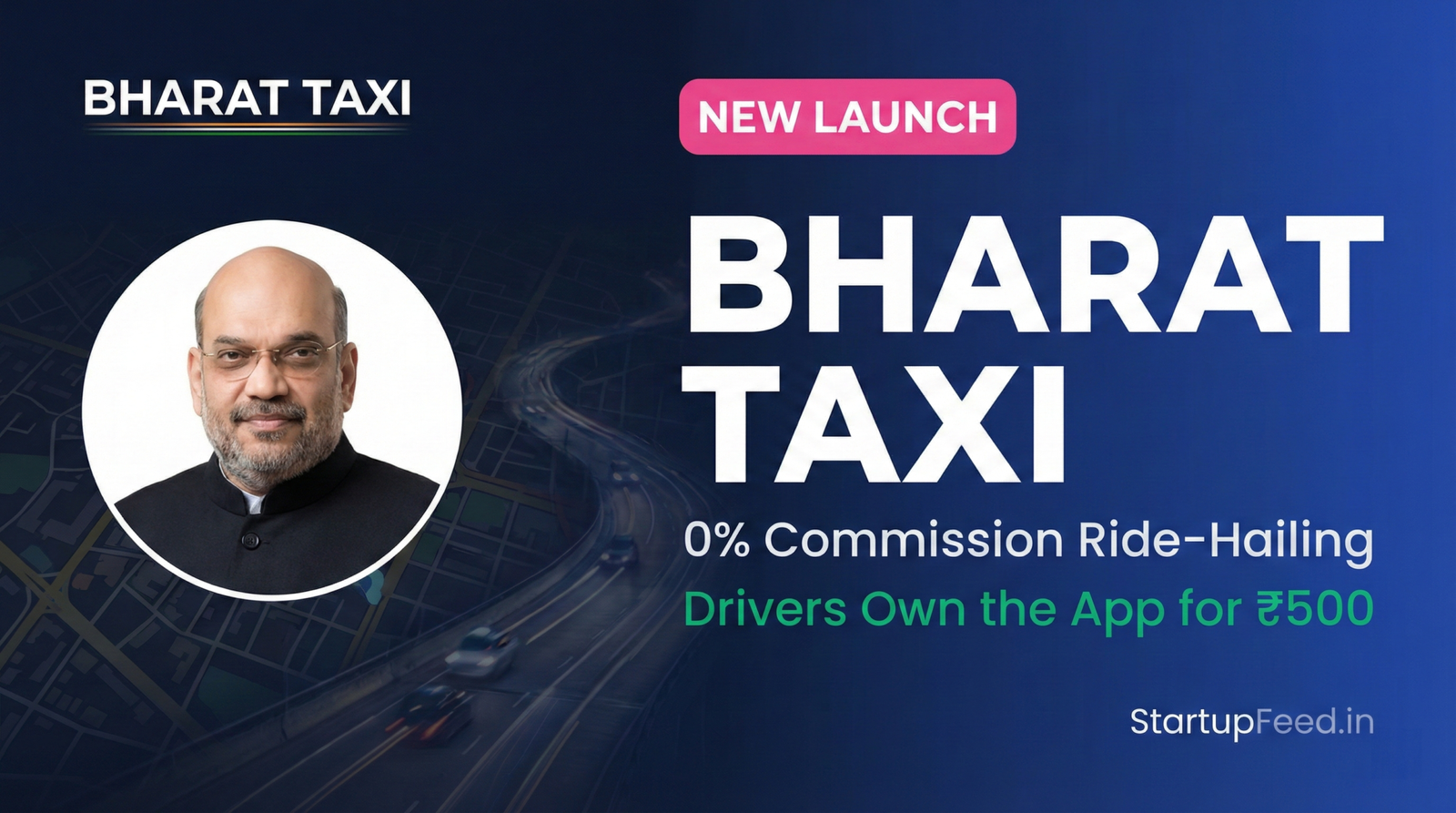Union Minister Amit Shah announcing the launch of Bharat Taxi, India's first cooperative ride-hailing platform featuring zero commission and driver ownership for ₹500.