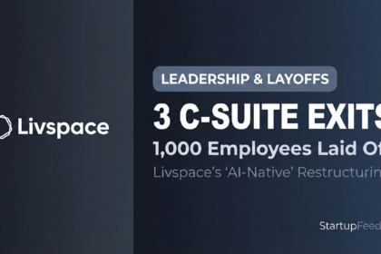 Informational graphic detailing the restructuring at home interiors unicorn Livspace, highlighting 3 major C-suite exits and 1,000 employee layoffs amid a shift to an AI-native organization.