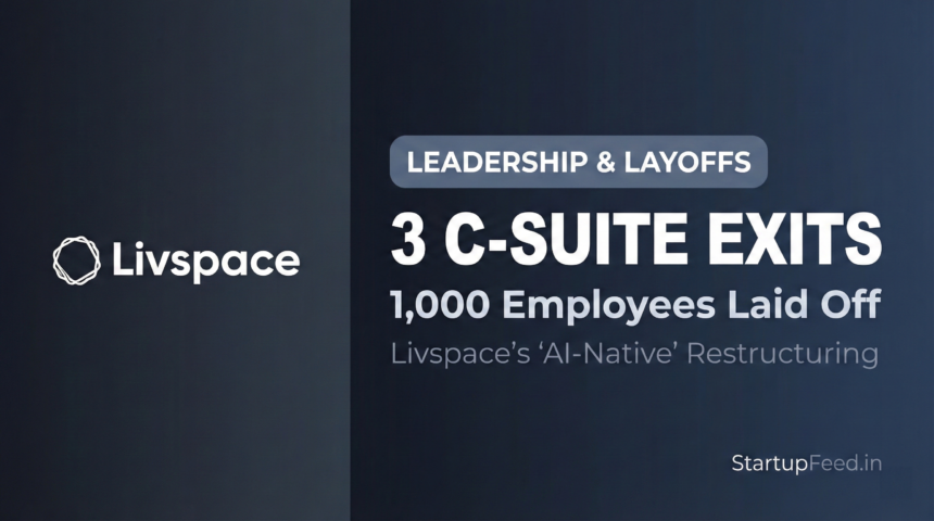 Informational graphic detailing the restructuring at home interiors unicorn Livspace, highlighting 3 major C-suite exits and 1,000 employee layoffs amid a shift to an AI-native organization.